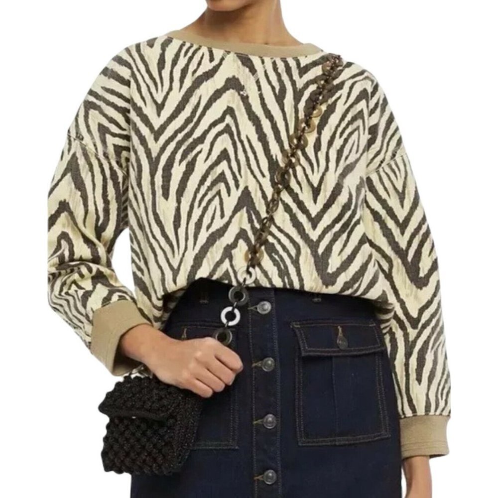 Current Elliott The Miles Zebra Print Denim Crop Top Oversized‎ L/S Small 2-4